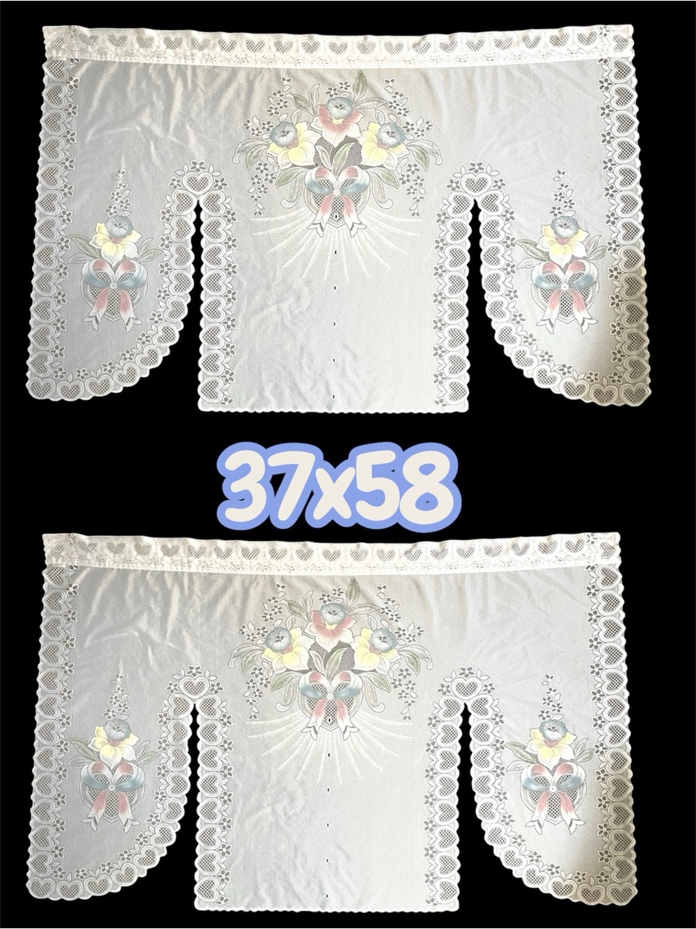 Vintage two Floral Lace Valance Panel - White with Pastel Floral Accents